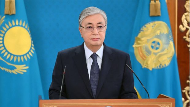 This handout image taken and released by the Kazakh presidential press service on January 7, 2022 shows Kazakh President Kassym-Jomart Tokayev making a public address in Alamaty.