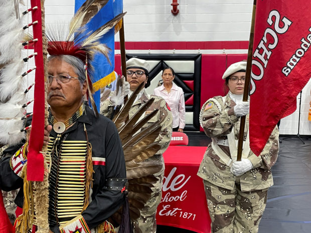 U.S. Interior Secretary Deb Haaland stands behind a Native American color guard ahead of an event in Anadarko, Oklahoma, U.S., July 9, 2022.  REUTERS/Brad Brooks