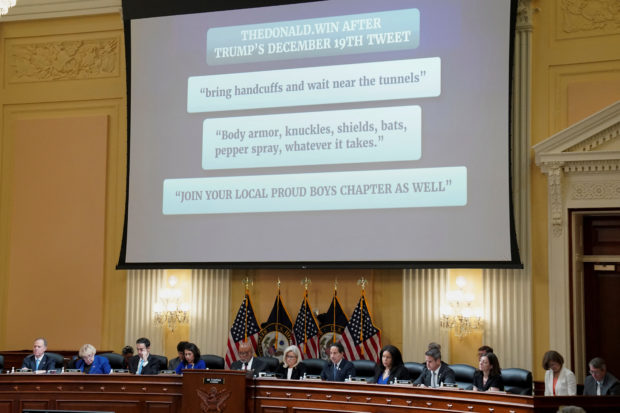 A video screen is seen during a public hearing of the U.S. House Select Committee to investigate the January 6 Attack on the U.S. Capitol, on Capitol Hill in Washington, U.S., July 12, 2022. REUTERS/Sarah Silbiger/Pool