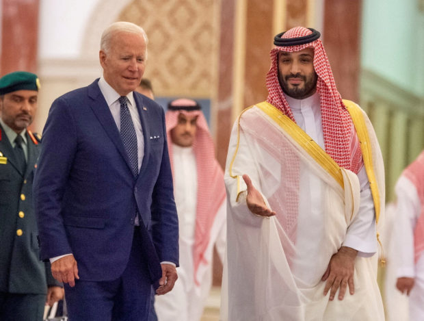 Saudi Crown Prince Mohammed bin Salman receives U.S. President Joe Biden at Al Salman Palace upon his arrival in Jeddah, Saudi Arabia, July 15, 2022. Bandar Algaloud/Courtesy of Saudi Royal Court/Handout via REUTERS