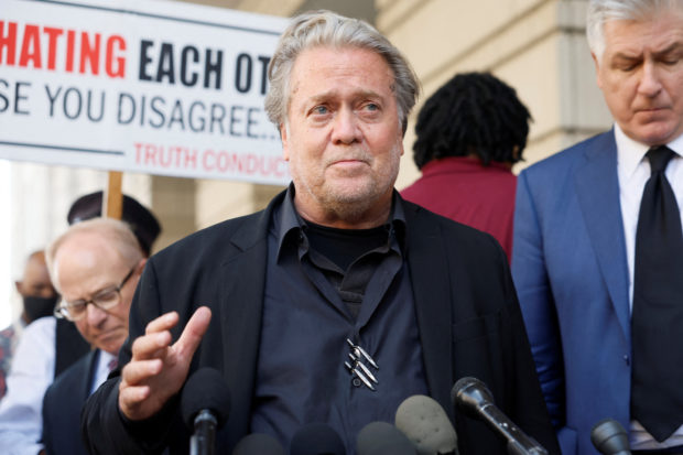 Former U.S. President Donald Trump's White House chief strategist Steve Bannon speaks as he departs after he was found guilty during his trial on contempt of Congress charges for his refusal to cooperate with the U.S. House Select Committee investigating the Jan. 6, 2021, attack on the Capitol, at U.S. District Court in Washington, U.S., July 22, 2022. REUTERS/Evelyn Hockstein