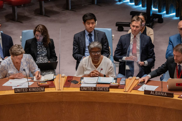 United States Ambassador to the United Nations, Linda Thomas-Greenfield reads a statement during a meeting of the United Nations Security Council about the maintenance of peace and security of Ukraine, at the U.N. headquarters in New York City, U.S., July 29, 2022.   REUTERS/Jeenah Moon