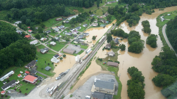 A valley lies flooded as seen from a helicopter during a tour by Kentucky Governor Andy Beshear over eastern Kentucky, U.S. July 29, 2022.  Office of Governor Andy Beshear/Handout via REUTERS
