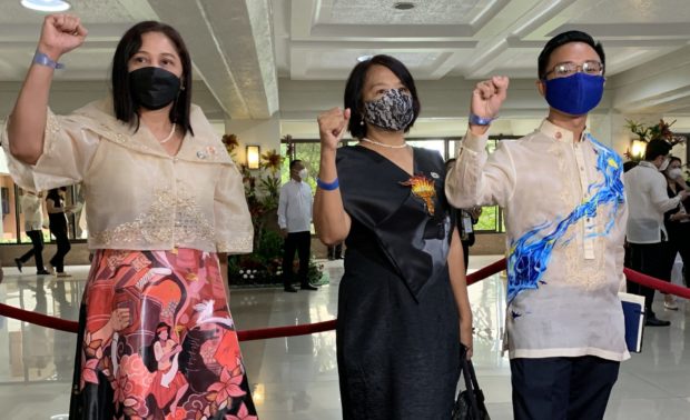 The Sona outfits of party-list group representatives Arlene Brosas (Gabriela), France Castro (ACT Teachers), and Raoul Manuel echo an important call from the groups they represent.