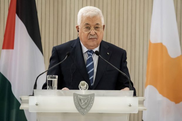 Palestinian President Mahmud Abbas delivers statements to the press alongside his Cypriot counterpart Nicos Anastasiades (unseen) following their meeting in the capital Nicosia, on June 14, 2022.