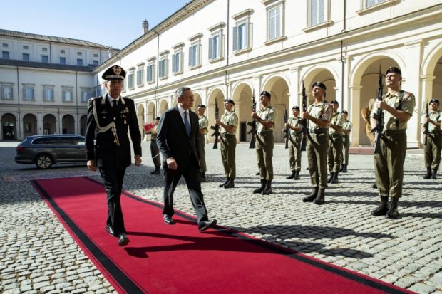 This handout picture taken and released by the press office of the presidential Quirinale Palace on July 21, 2022 shows Italy's PM Mario Draghi arriving at Quirinale Palace to meets Italy's President. 