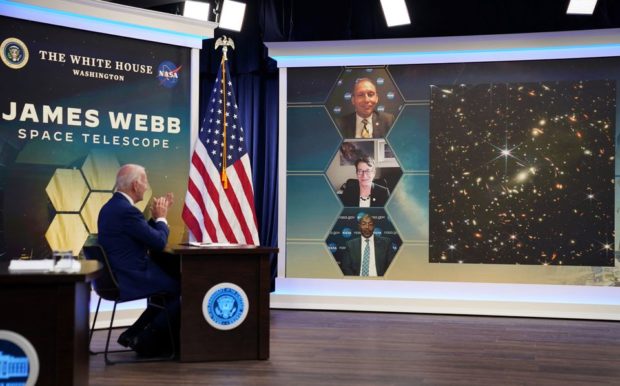 Biden unveils Webb space telescope’s first full-color image of distant galaxies