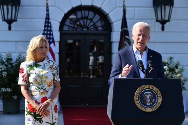 President Biden with First Lady Jill Biden at his side, delivers remarks at a 4th of July BBQ with military families