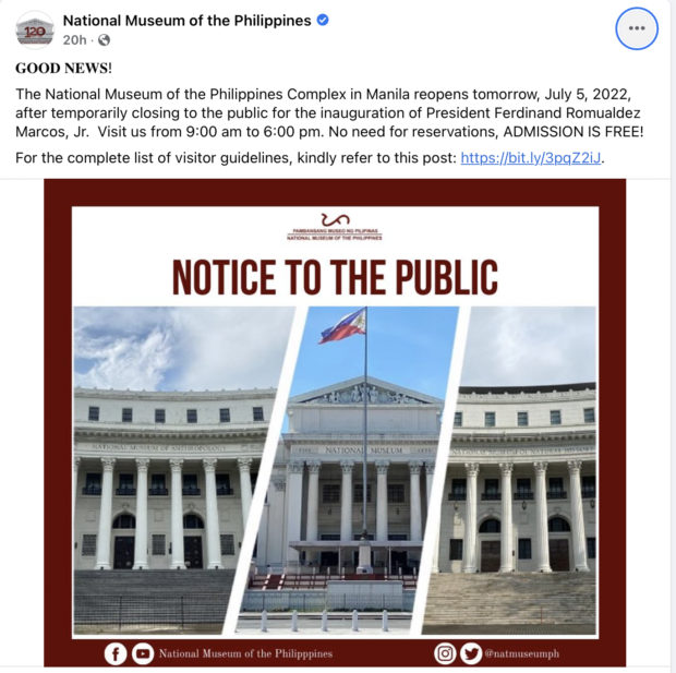 The National Museum of the Philippines Complex reopened on Tuesday after temporarily closing for the oath-taking of President Ferdinand “Bongbong” Marcos Jr.