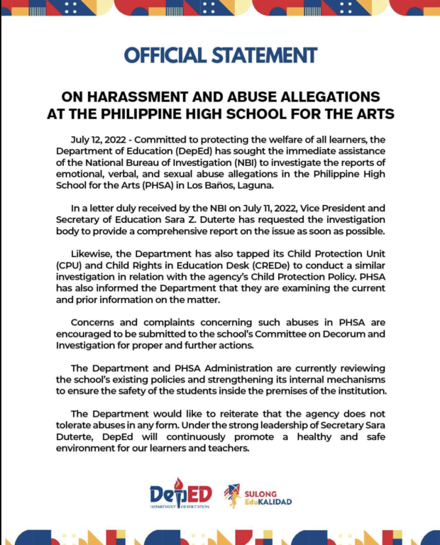 Vice President and Education Secretary Sara Duterte has asked the National Bureau of Investigation (NBI) to probe the alleged sexual, verbal, and emotional abuse at the Philippine High School for the Arts (PHSA).