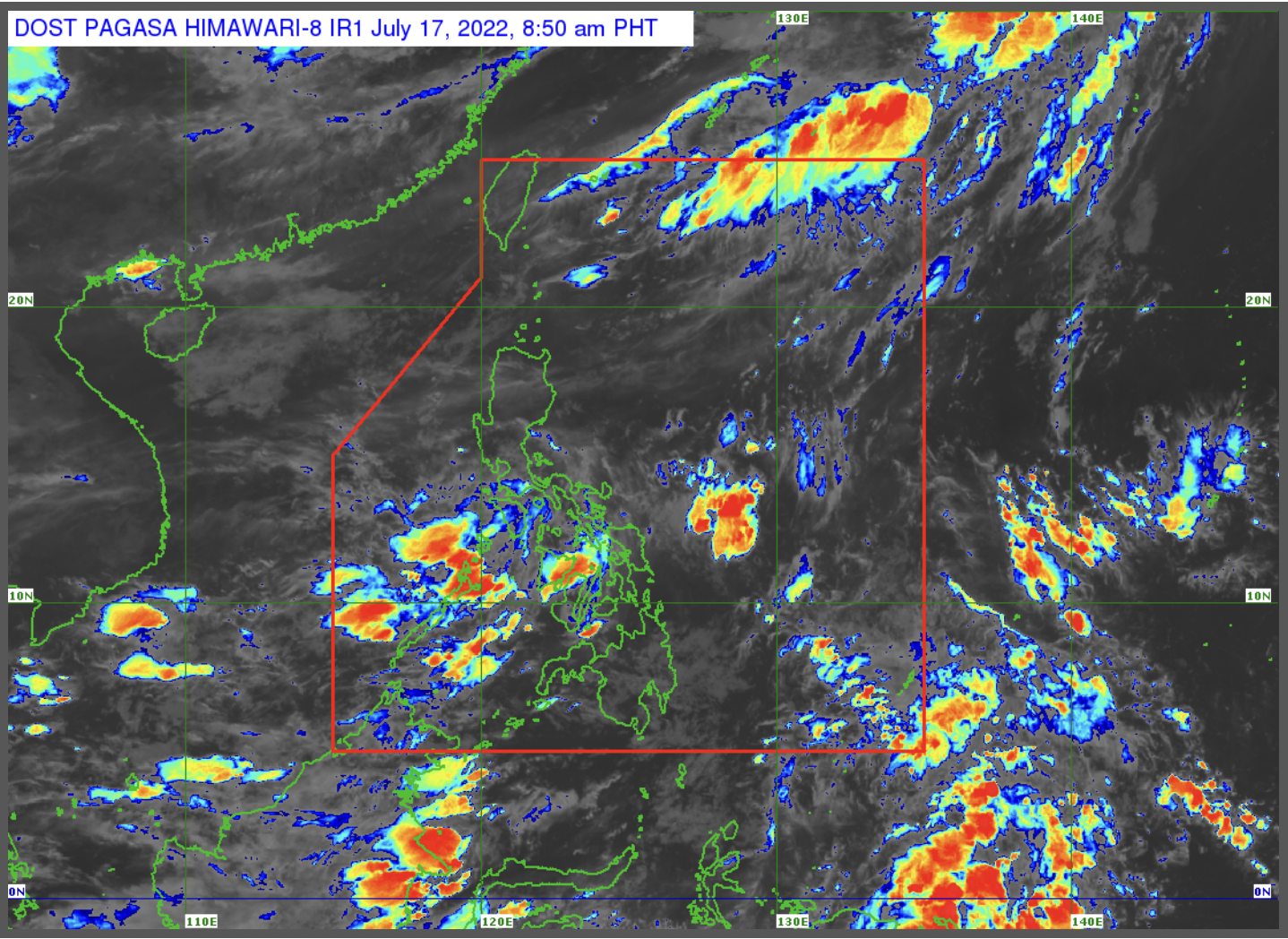 Photo caption: Pagasa weather satellite as of July 17, 2022, 8:50 a.m. Screengrab from Pagasa website  habagat rains