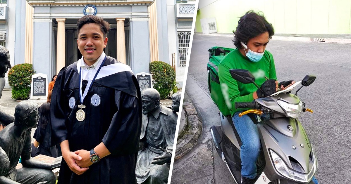 college student moonlighting as deliveryman wore his toga as he graduates from college