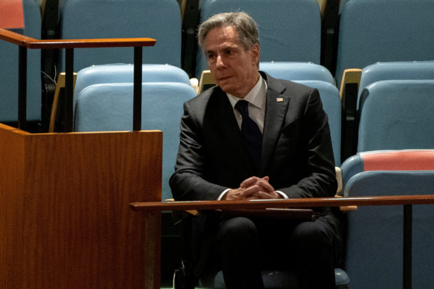 U.S. Secretary of State Antony Blinken sits on the sidelines prior to his address to the United Nations General Assembly during the Nuclear Non-Proliferation Treaty review conference in New York City, New York, U.S., August 1, 2022.  REUTERS/David 'Dee' Delgado