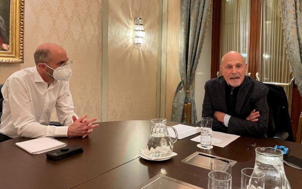 FILE PHOTO: U.S. Special Envoy for Iran Robert Malley and Barry Rosen, campaigning for the release of hostages imprisoned by Iran, sit at a table during an interview with Reuters in Vienna, Austria, January 23, 2022.  REUTERS/Francois Murphy/File Photo