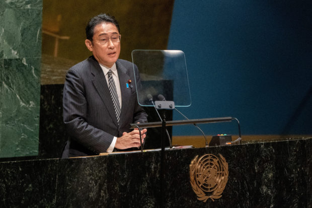 FILE PHOTO: Prime Minister of Japan Fumio Kishida addresses the United Nations General Assembly during the Nuclear Non-Proliferation Treaty review conference in New York City, New York, U.S., August 1, 2022.  REUTERS/David 'Dee' Delgado/File Photo