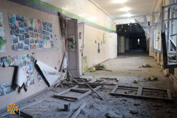 An interior view shows a school building damaged by a Russian military strike, as Russia's attack on Ukraine continues, in location given as Marhanets town, in Dnipropetrovsk region, Ukraine August 10, 2022.  Press service of the State Emergency Service of Ukraine/Handout via REUTERS