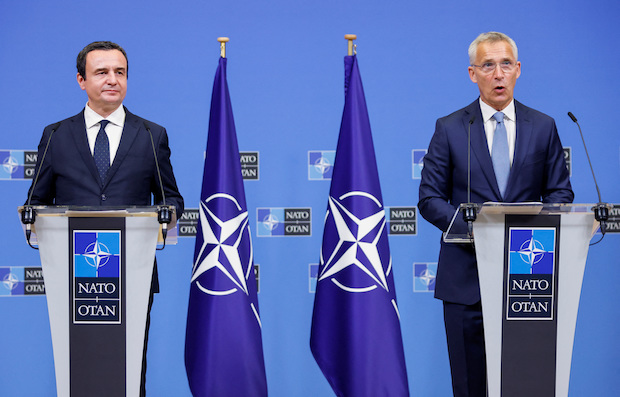 NATO's Stoltenberg meets Kosovo's PM Kurti, in Brussels. STORY: NATO ready to step up forces if Serbia-Kosovo tensions escalate