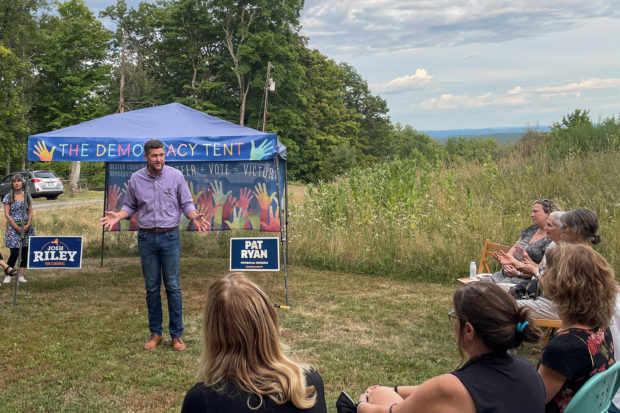 FILE PHOTO: Pat Ryan, the Democratic nominee in a special election for New York's 19th Congressional District, addresses supporters in Woodstock, New York, U.S. August 16, 2022. REUTERS/Joseph Ax