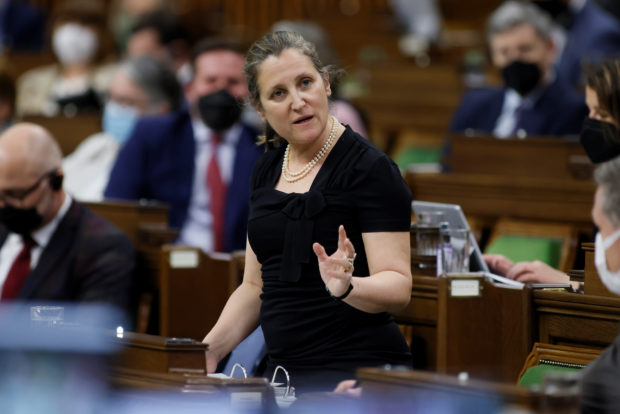 FILE PHOTO: Canada's Deputy Prime Minister and Minister of Finance Chrystia Freeland speaks during Question Period in the House of Commons on Parliament Hill in Ottawa, Ontario, Canada April 25, 2022. REUTERS/Blair Gable