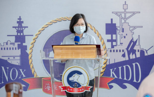 FILE PHOTO: Taiwan's President Tsai Ing-wen delivers a speech during her visit to a naval base in Suao, Yilan, Taiwan in this handout picture released on August 18, 2022. Taiwan Presidential Office/Handout via REUTERS/File Photo