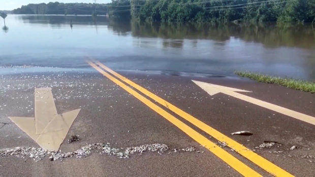 A view shows a flooded road near Pearl River following water discharges from Barnett Reservoir over the weekend, in Ridgeland, Mississippi, U.S. in this screen grab taken from a video August 29, 2022. REUTERS TV/via REUTERS