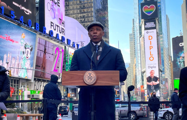 FILE PHOTO: New York City Mayor Eric Adams makes an announcement at a news conference in Times Square in Manhattan in New York City, New York, U.S., March 4, 2022. REUTERS/Andrew Hofstetter