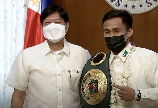Ferdinand Marcos Jr. and Dave Apolinario. STORY: New IBO boxing champ Apolinario visits Bongbong Marcos