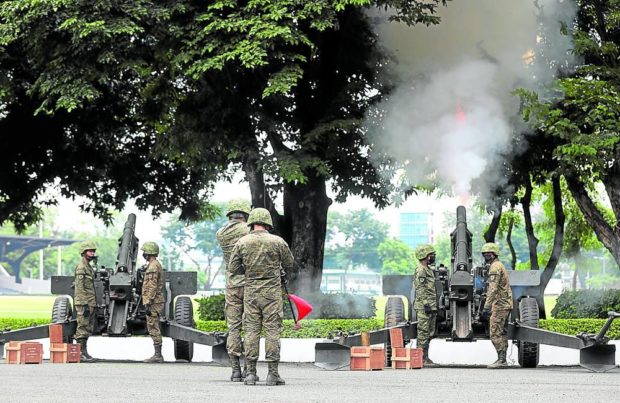 The military pays its last respects to the late former President Fidel V. Ramos through a gun salute at the Armed Forces of the Philippines headquarters in Camp Aguinaldo on Monday. Ramos, who also led the AFP and the Department of National Defense before he was elected president in 1992, died on July 31. STORY: FVR’s legacy honored but Edsa role omitted