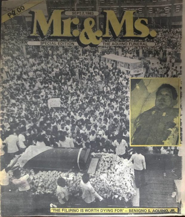 Cover of Mr. & Ms. magazine showing crowds around casket of Ninoy Aquino