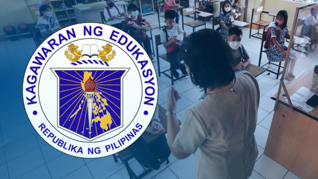 Teacher in front of class with students, with DepEd logo superimposed. STORY: DepEd defends memo listing unionist teachers