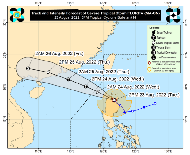 This photo shows the path of severe tropical storm Florita (international name: Ma-on), which slightly weakened and may leave the Philippine area of responsibility by Wednesday morning, August 24, 2022.