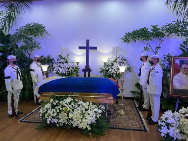 The urn of former President Fidel V. Ramos was transferred to a casket laid with a Philippine flag before the mass and state funeral before he is placed in his final resting place at the Libingan ng mga Bayani. Photo c/o Jojo Terencio