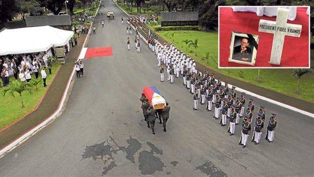 True to his reputation for long-term planning and attention to detail, Fidel V. Ramos, whose presidency from 1992 to 1998 is now remembered as a period of stability and growth, arranged his own funeral years back and picked the site of his grave, shown in the inset photo. The country paid him its last respects at Libingan ng mga Bayani in Taguig City on Tuesday. STORY: Farewell to FVR: Ming thanks nation for the love