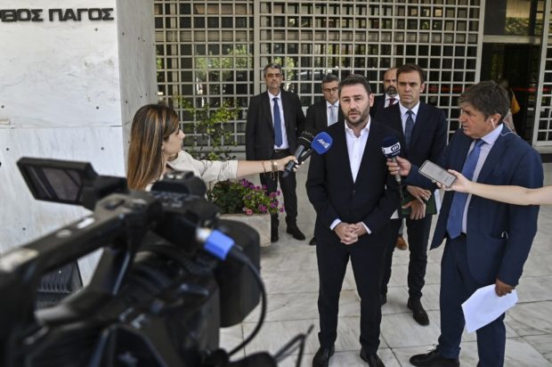 In this photograph taken on July 26, 2022 Nikos Androulakis, a member of European Parliament and president of the Movement for Change (Pasok-Kinal) party, talks to media after filing a complaint at the Supreme Court in Athens over attempted spying on his mobile phone with Predator malware. (Photo by Eurokinissi / AFP)