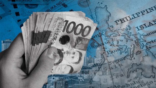PHOTO: Composite image of hand holding 1,000-peso bills over map of the Philippines STORY: PH debt conundrum: Relying on consumption taxes, toughens life for have-nots