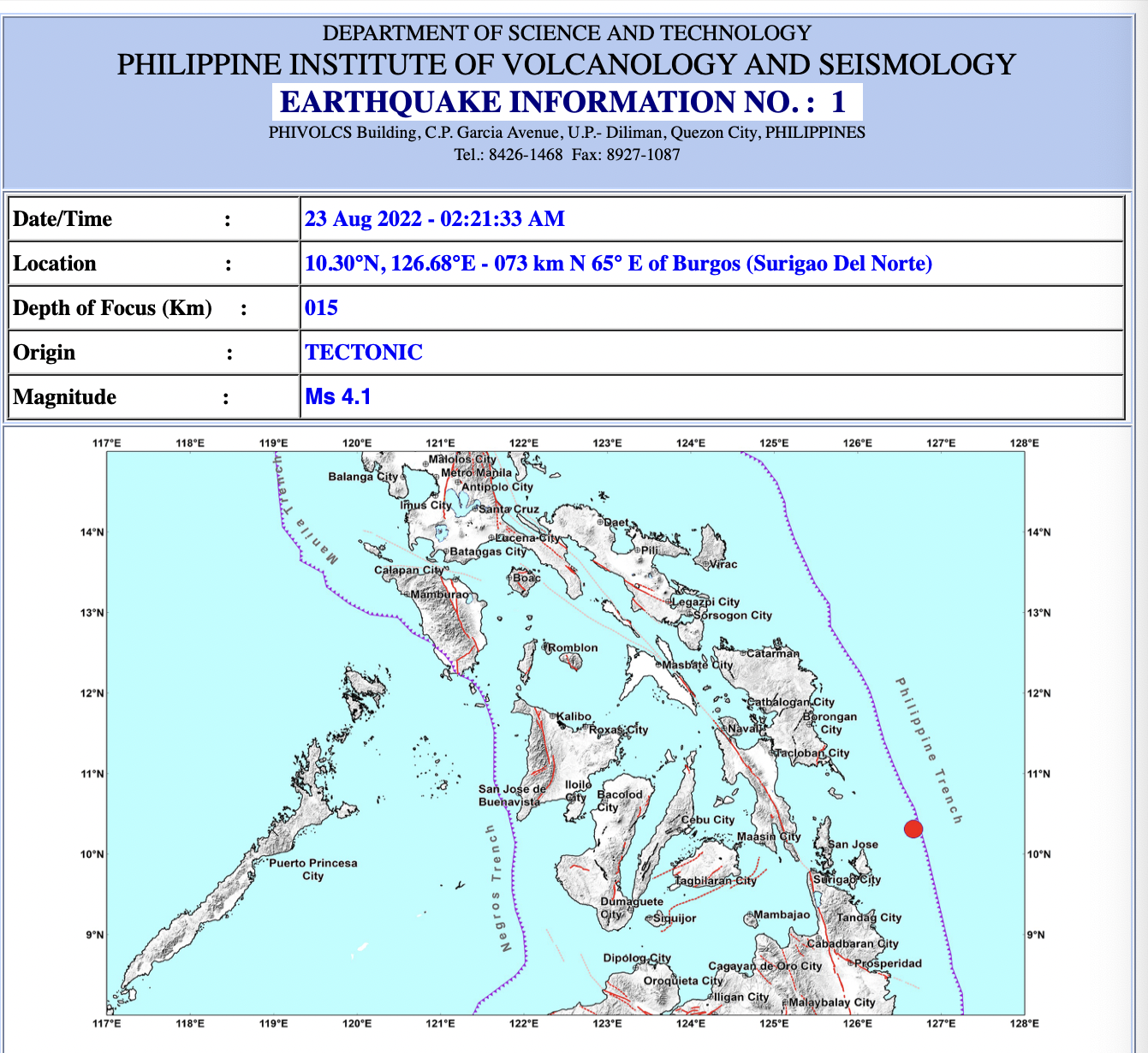 Magnitude 4.1 earthquake shakes Surigao Del Norte