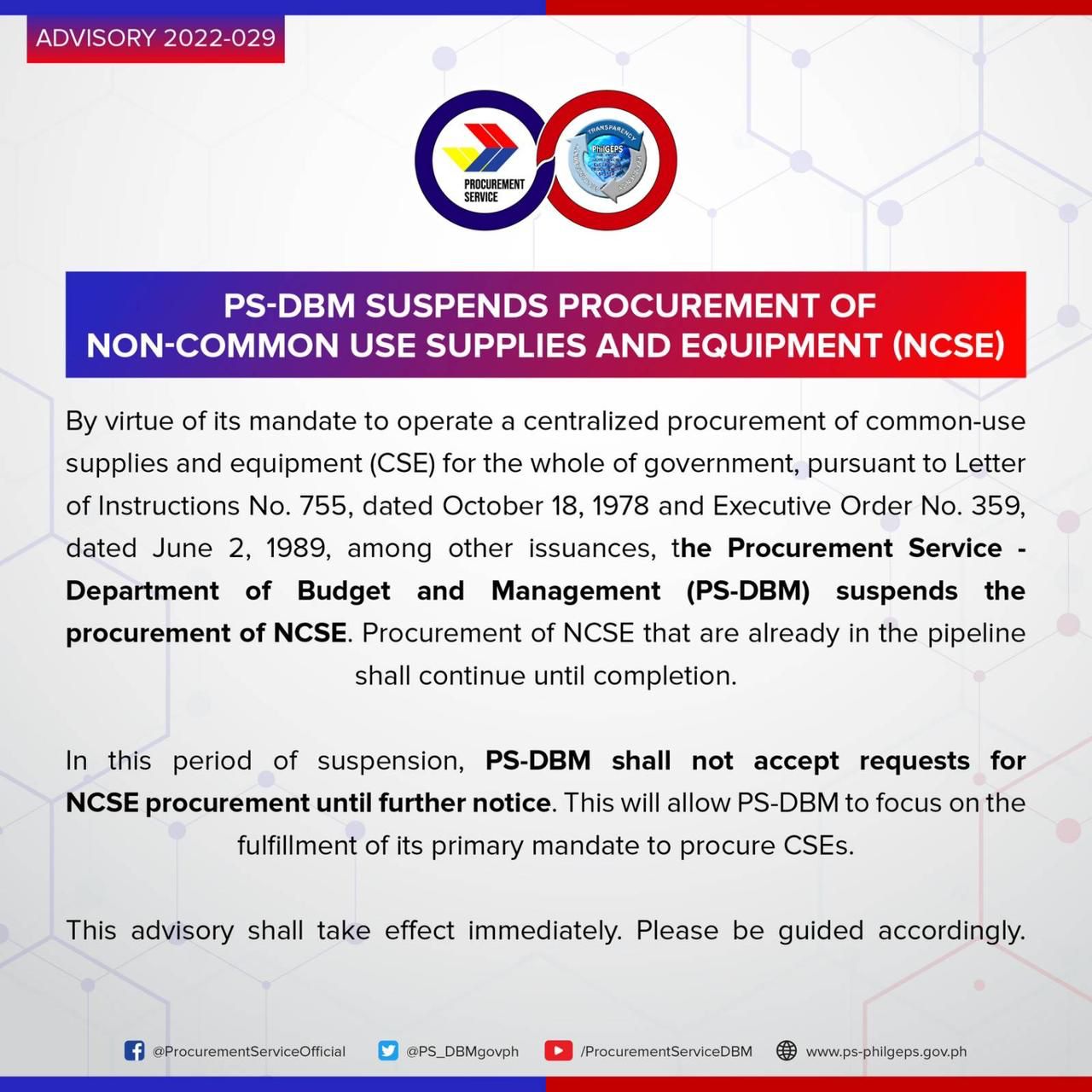 New PS-DBM admin orders suspension of procurement of non-common use supplies, equipment