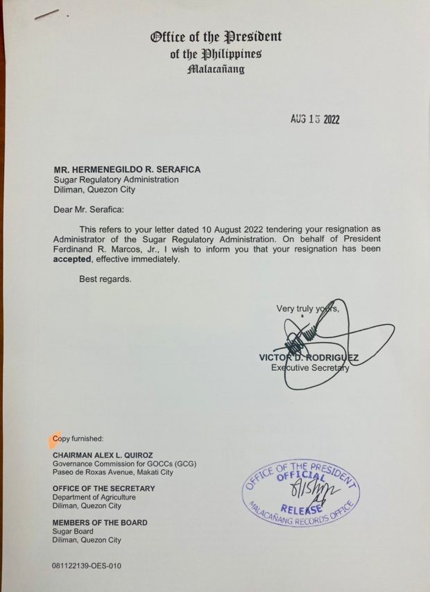 A copy of the resignation letter SRA Administrator Serafica shared by Executive Secretary Vic Rodriguez to MPC reporters.