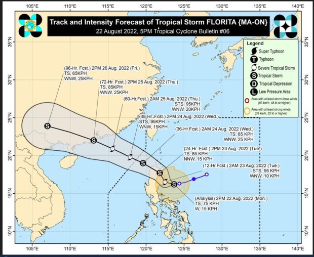 Severe Tropical Storm “Florita” (international name: Ma-on) is now over the coastal waters of Burgos, Ilocos Norte as it maintains its strength, the state meteorologist said on Tuesday.