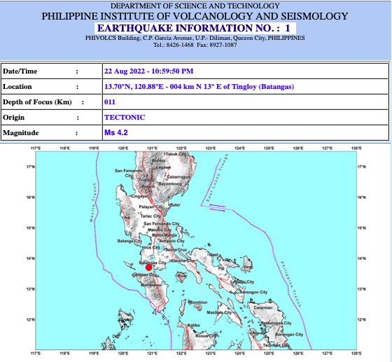 Phivolcs map. STORY: Magnitude 4.1 earthquake hits Batangas