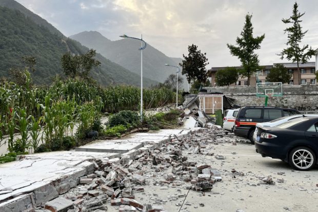 This photo shows the aftermath of a 6.6-magnitude earthquake in Hailuogou in China's southwestern Sichuan province on September 5, 2022. (Photo by AFP) / China OUT