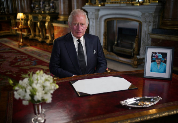 King Charles III delivers his address to the nation and the Commonwealth from Buckingham Palace, London, following the death of Queen Elizabeth II on Thursday. Picture date: Friday September 9, 2022. Yui Mok/Pool via REUTERS
