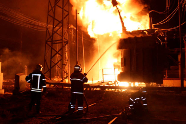 Firefighters work at a site of a thermal power plant damaged by a Russian missile strike, amid Russia's attack on Ukraine, in Kharkiv, Ukraine September 11, 2022.  Press service of the State Emergency Service of Ukraine/Handout via REUTERS