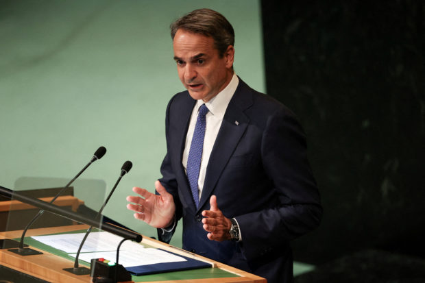 Greece Prime Minister Kyriakos Mitsotakis addresses the 77th United Nations General Assembly at U.N. headquarters in New York City, New York, U.S., September 23, 2022. REUTERS/Caitlin Ochs