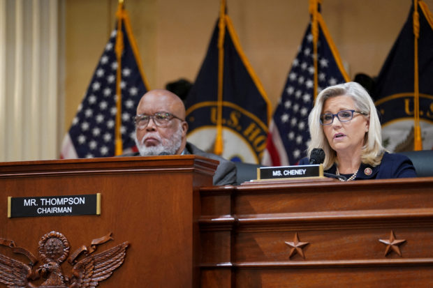 FILE PHOTO: Committee Vice Chair Rep. Liz Cheney (R-WY) speaks next to Committee Chairperson Rep. Bennie Thompson (D-MS) during a public hearing of the U.S. House Select Committee to investigate the January 6 Attack on the U.S. Capitol, on Capitol Hill in Washington, U.S., June 28, 2022. REUTERS/Kevin Lamarque