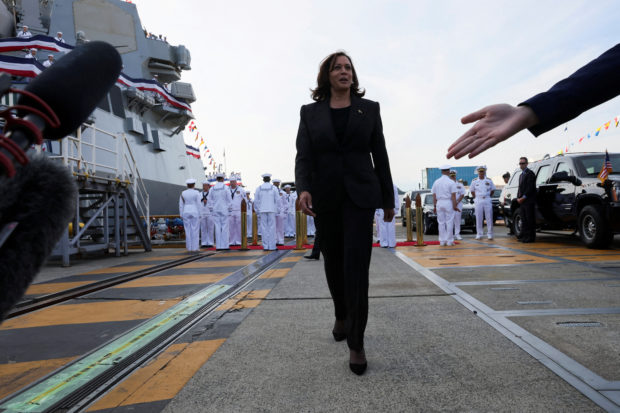 U.S. Vice President Kamala Harris walks to deliver remarks on the USS Howard naval ship, at Yokosuka Naval Base, in Yokosuka, Japan September 28, 2022. REUTERS/Leah Millis/Pool