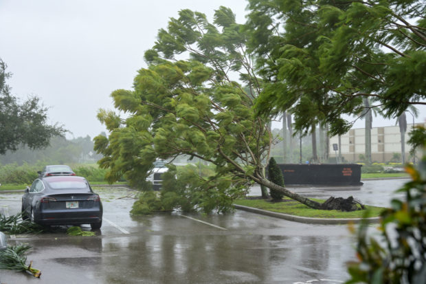 Gusts from Hurricane Ian begin to knock down small trees and palm fronds in a hotel parking lot in Sarasota, Florida, U.S. September  28, 2022. REUTERS/Steve Nesius