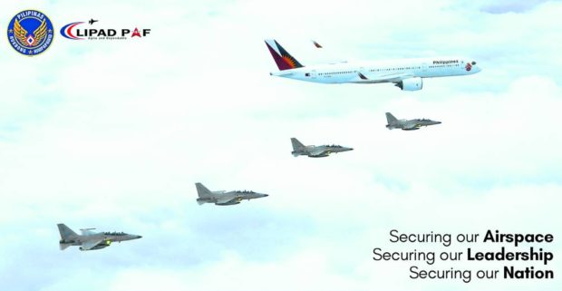 FEW BUT PROUD Four of the country’s five operational FA-50 fighters are seen escorting the plane carrying President Marcos and his entourage back into Philippine airspace from his New York trip last week. —Philippine Air Force photo. STORY: Only 5 of 12 Air Force FA-50 fighters operational
