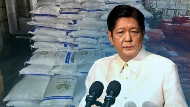 Ferdinand Marcos Jr. photo superiiposed over bags of sugar. STORY: Marcos approves sugar importation to ease prices