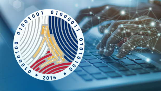 PHOTO: Closeup of hand typing on a laptop, with the DICT logo superimposed. STORY: Cyber attacks on gov't websites possibly due to sea row with China – DICT